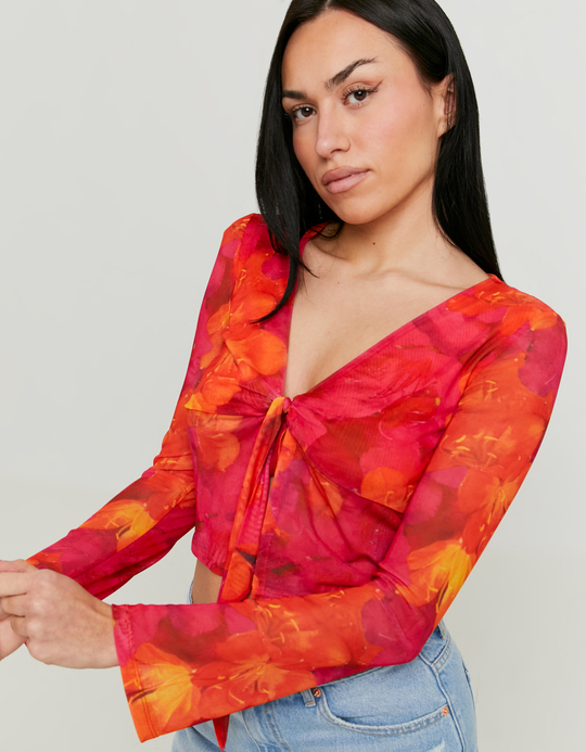 TALLY WEiJL, Mesh Knotted Top with Floral Print for Women