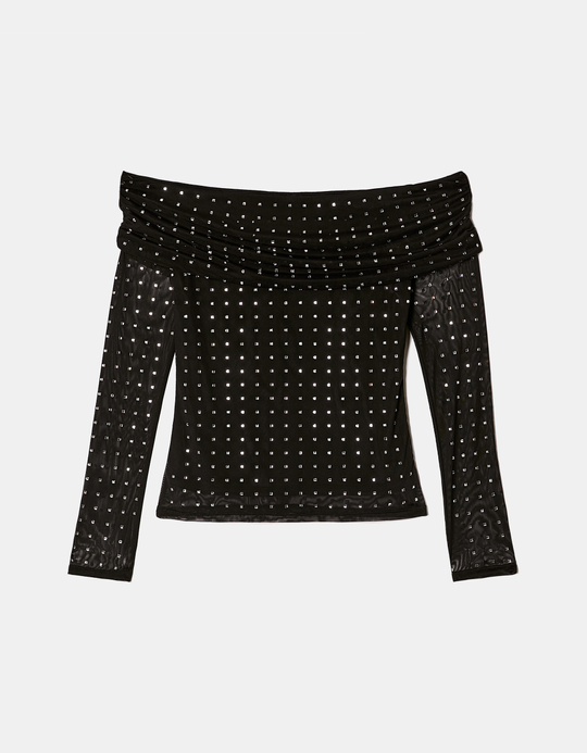 TALLY WEiJL, Black Off Shoulder Top with Strass for Women