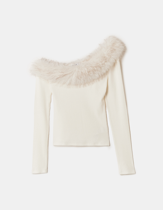 TALLY WEiJL, White Asymmetric Top with Faux Fur for Women