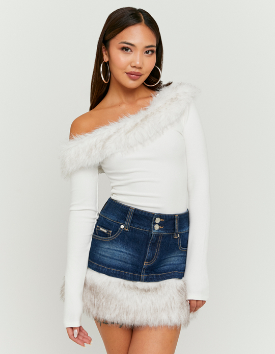 TALLY WEiJL, White Asymmetric Top with Faux Fur for Women
