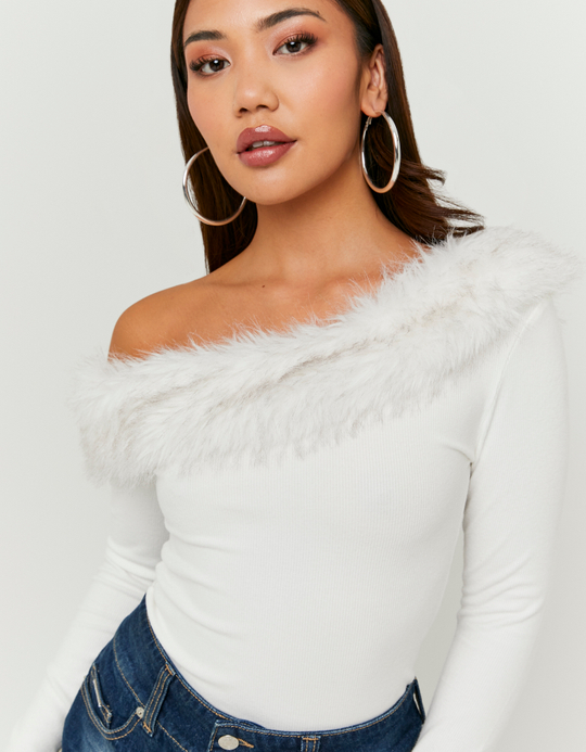 TALLY WEiJL, White Asymmetric Top with Faux Fur for Women