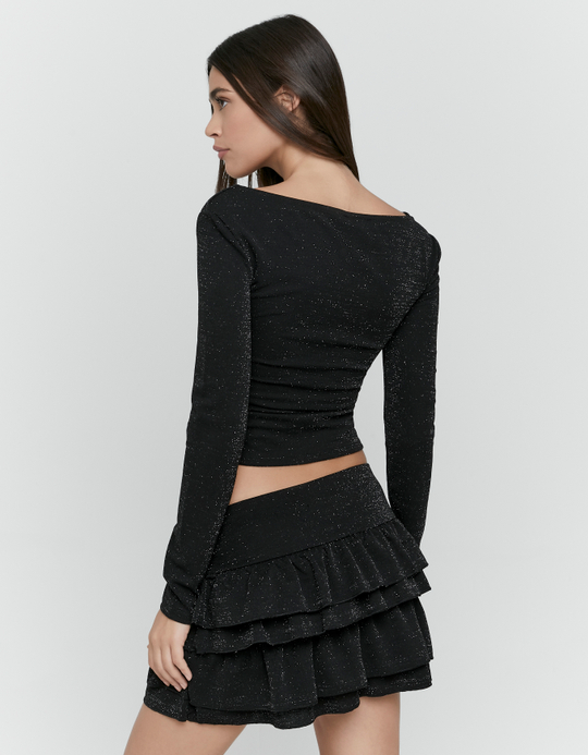 TALLY WEiJL, Schwarzes Shimmer-Langarmshirt aus Lurex mit V-Ausschnitt for Women