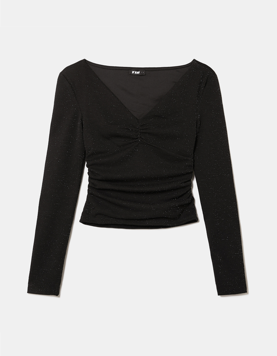TALLY WEiJL, Schwarzes Shimmer-Langarmshirt aus Lurex mit V-Ausschnitt for Women