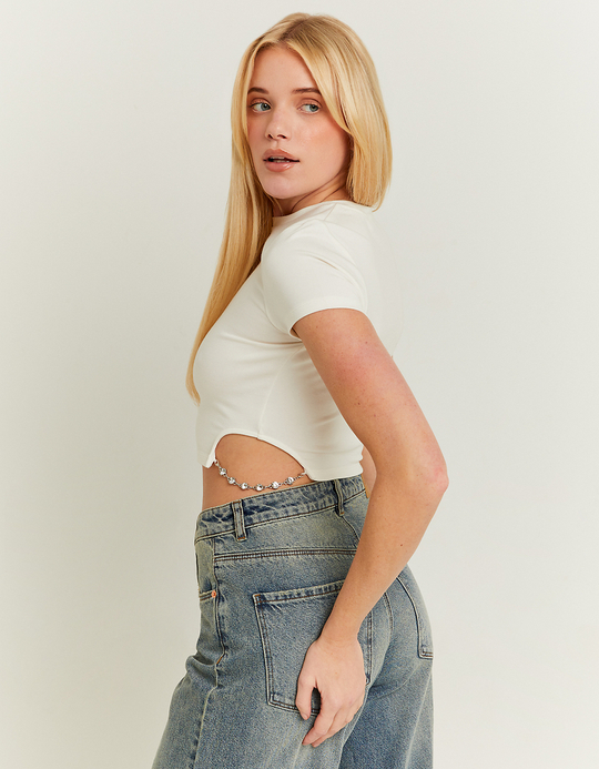 TALLY WEiJL, Weißes Crop Top mit seitlicher Rhinestone Kette for Women
