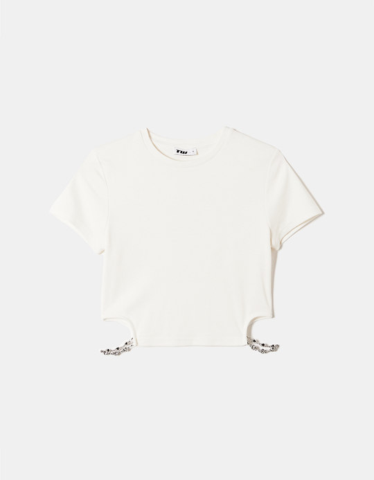 TALLY WEiJL, Weißes Crop Top mit seitlicher Rhinestone Kette for Women
