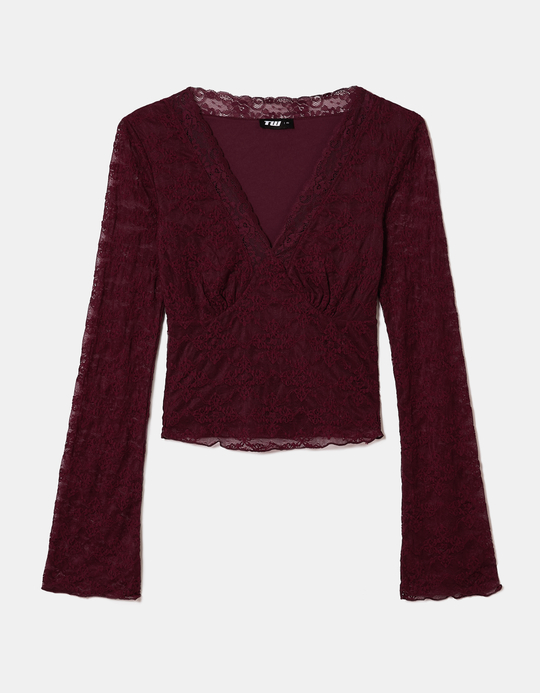 TALLY WEiJL, Burgundy Floral Lace Top for Women