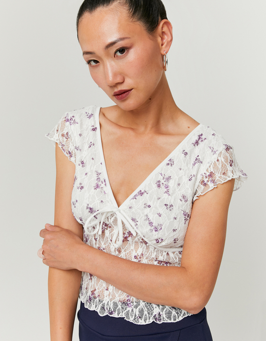 TALLY WEiJL, White Lace Top with Floral Print for Women