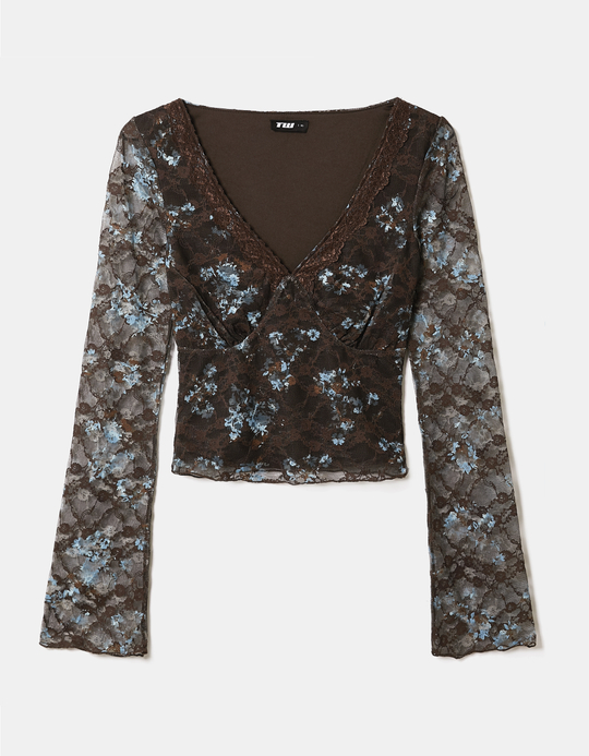 TALLY WEiJL, Brown Floral Lace Top for Women