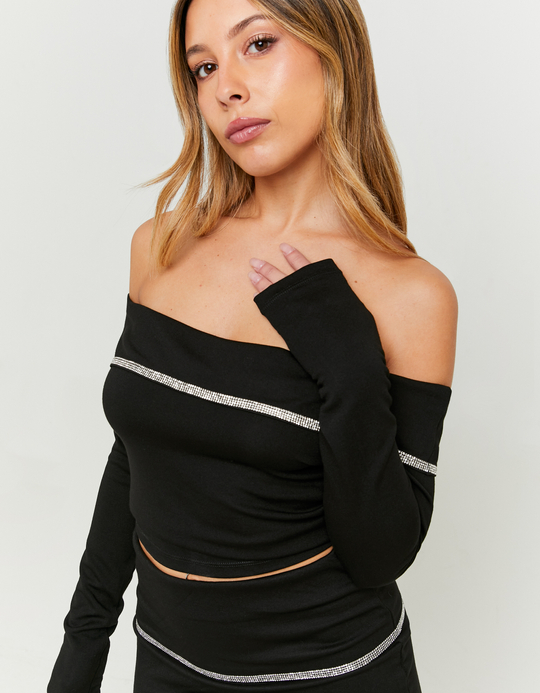 TALLY WEiJL, Black Off Shoulder Party Top with Strass for Women