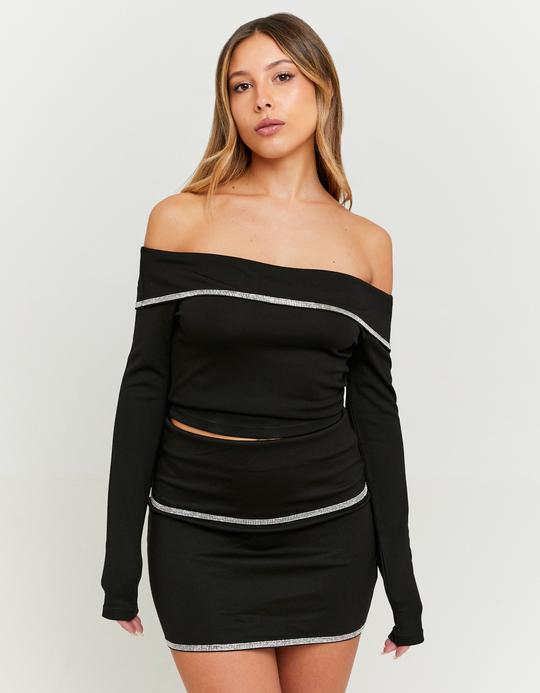 TALLY WEiJL, Black Off Shoulder Party Top with Strass for Women