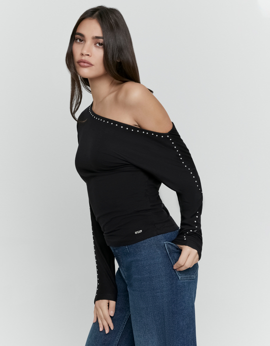 TALLY WEiJL, Black Asymmetric Top with Studs for Women
