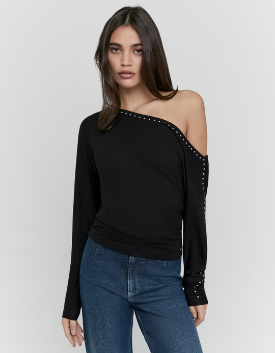 TALLY WEiJL, Black Asymmetric Top with Studs for Women
