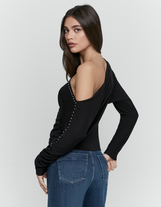 TALLY WEiJL, Black Asymmetric Top with Studs for Women
