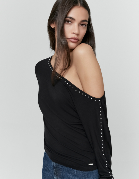 TALLY WEiJL, Black Asymmetric Top with Studs for Women