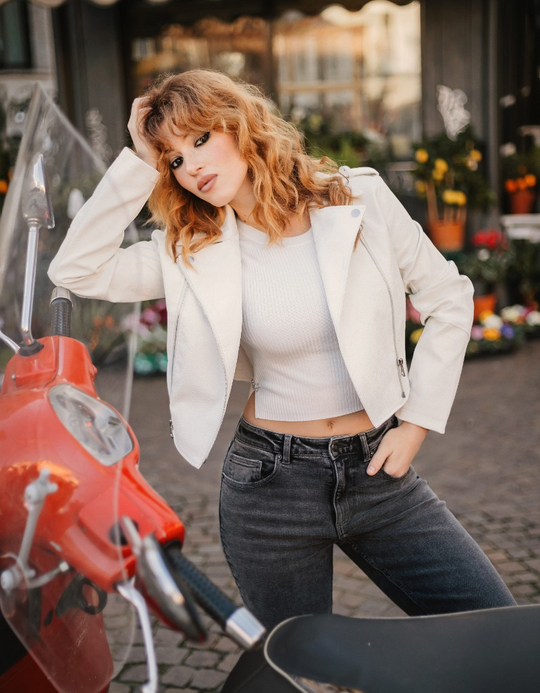 TALLY WEiJL, White Faux Leather Biker Jacket Snake Texture for Women