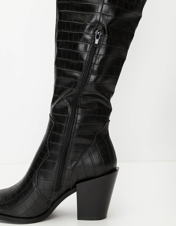 Stivali Alti Neri Effetto Coccodrillo
