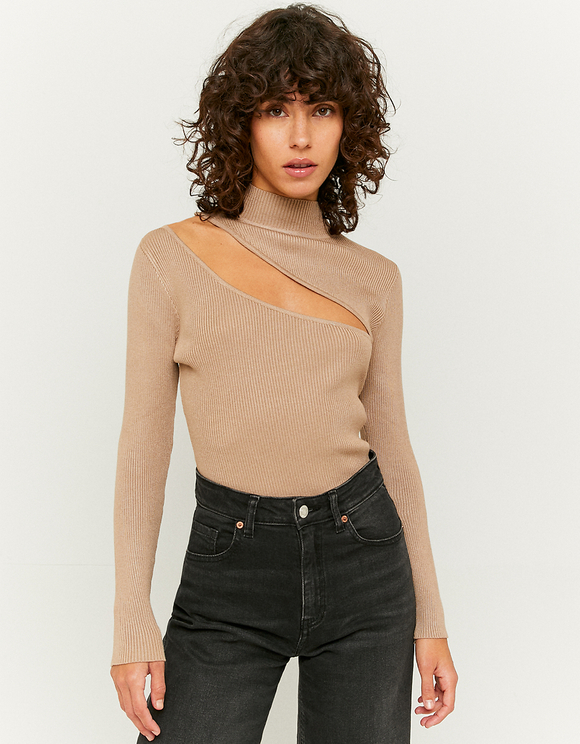 Beige Cut Out Long Sleeve Top