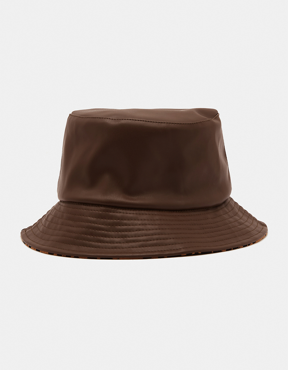 Brown Faux Leather Bucket Hat
