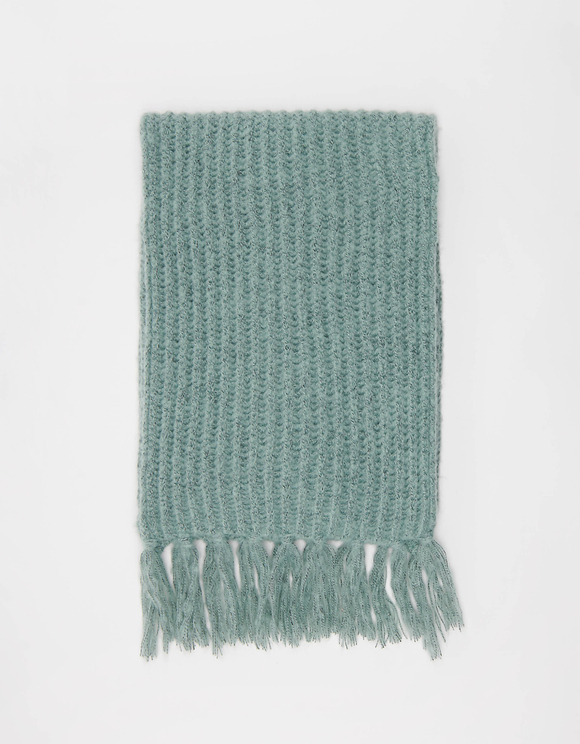 Sciarpa Verde in Maglia a Coste con Bordo Sfrangiato