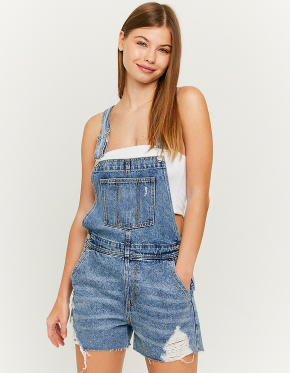 Denim Ripped Short Dungarees | TALLY 