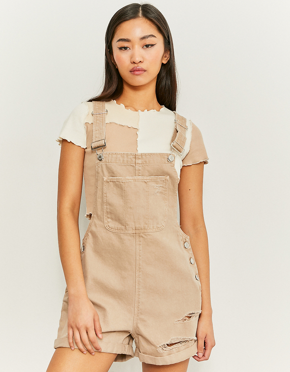 Beige Destroy Denim Dungarees | TALLY 