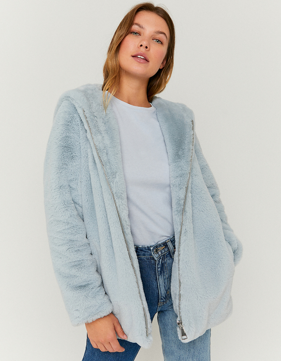 blue faux fur jacket