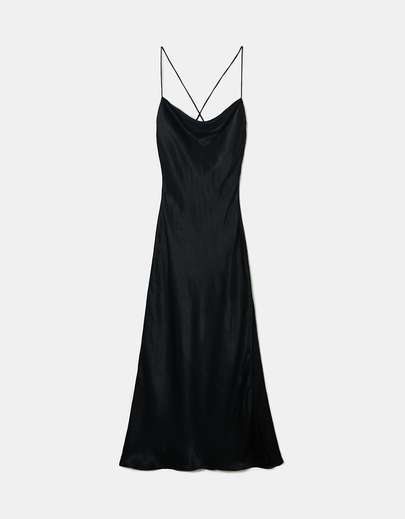 Μαύρο σατέν Maxi Party Dress