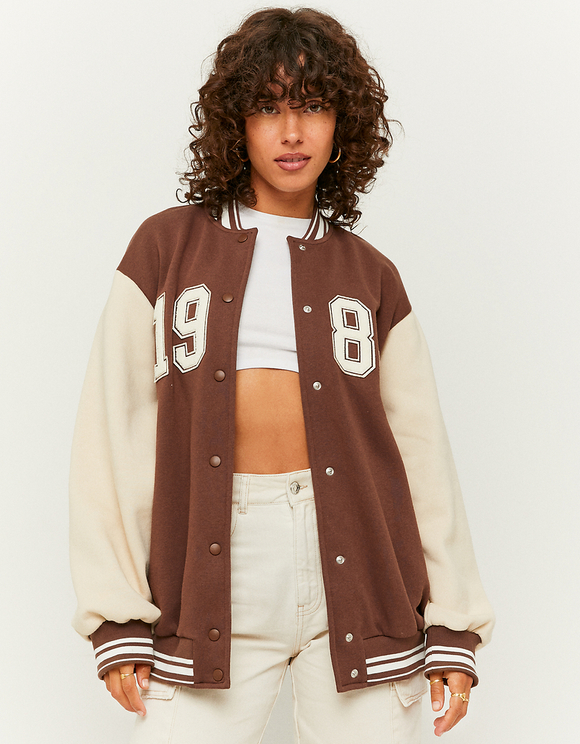 Beige Long Sleeves Varsity Jacket 