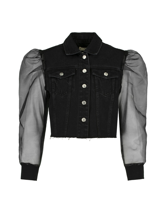 Giacca in Denim Cropped con Maniche in Organza