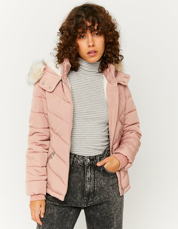 Pink Puffer Jacket with Faux Fur Trim