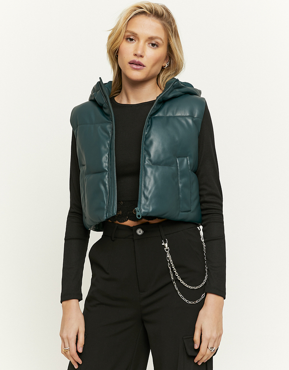 Green Hooded Sleeveless Puffer Jacket 