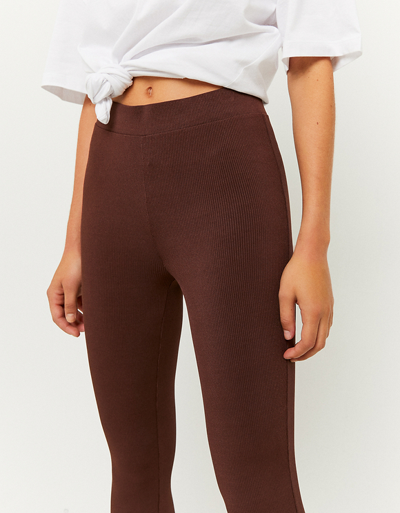 Dark Brown Ribbed Jersey High Waist Flared Trousers | New Look