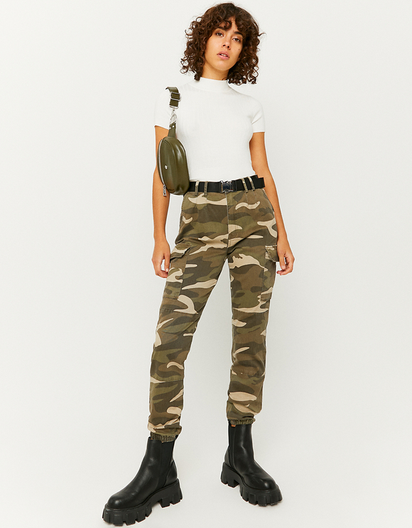 camouflage high rise cargo pants