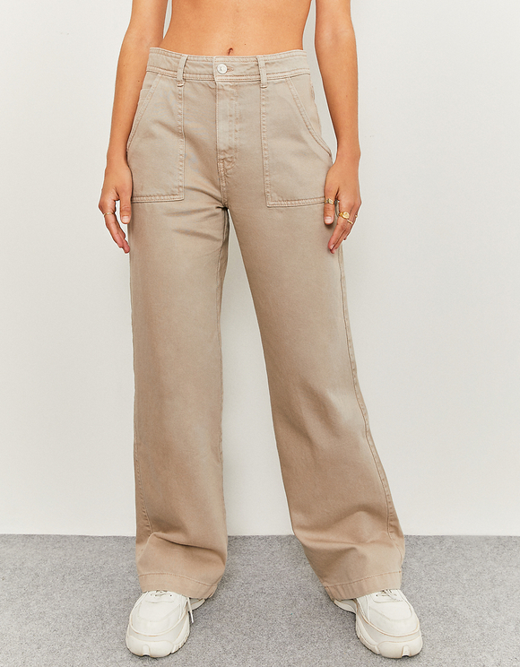 Beige High Waist Utility Wide Leg Jeans 