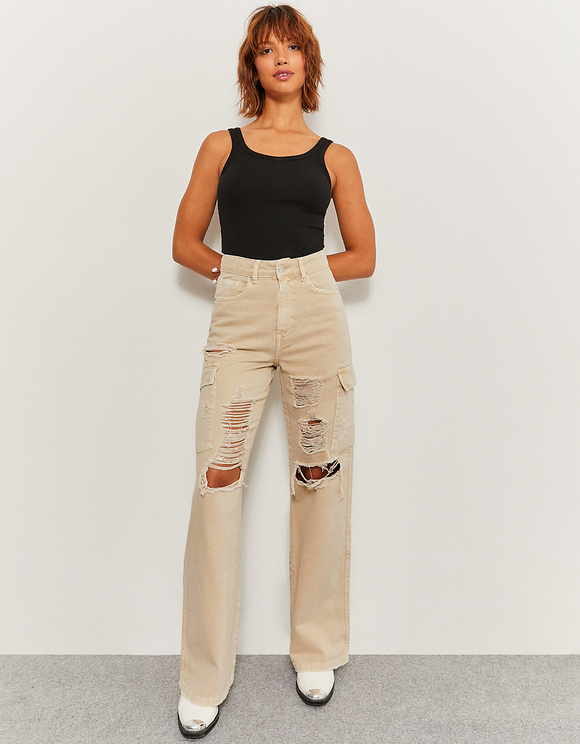 Beige High Waist Cargo Jeans | TALLY 