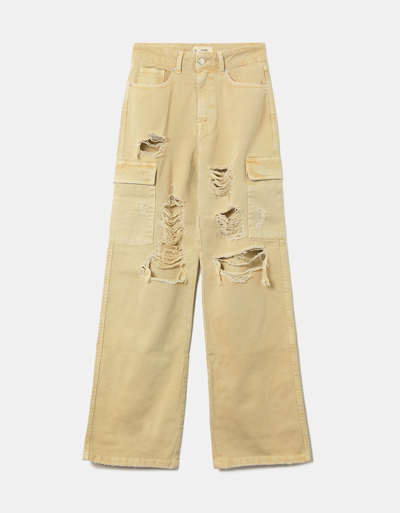 Beige High Waist Cargo Jeans | TALLY 