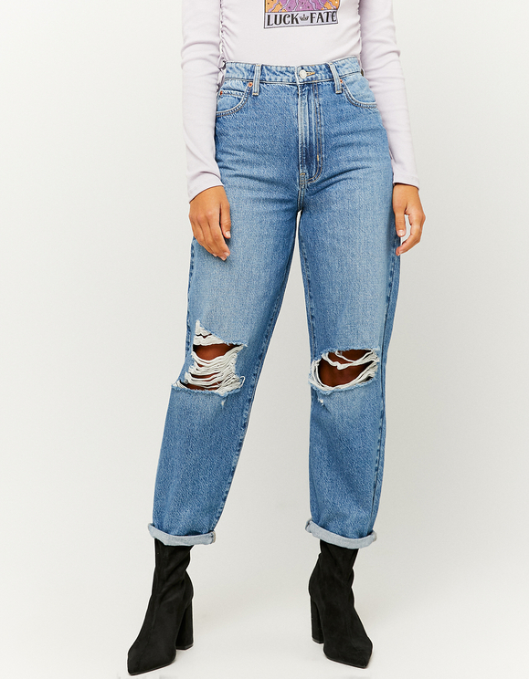 high waisted blue ripped mom jeans