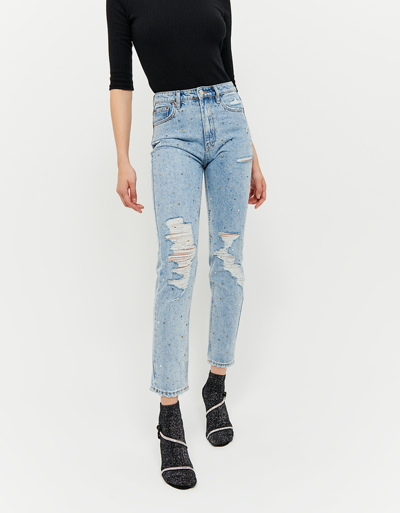 Jeans Mom Destroy con Strass e Borchie