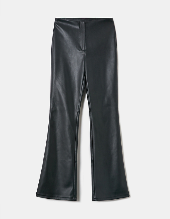 Black Flare Fake Leather Trousers | TALLY
