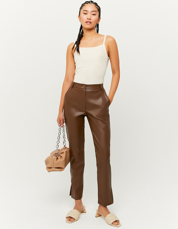 Brown Mid Waist Straight Leg Trousers 