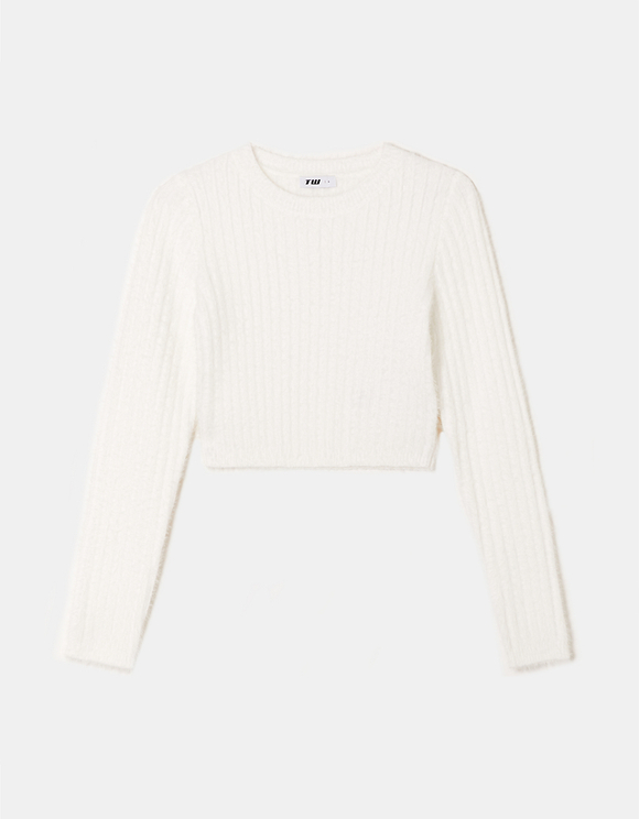 Weißer kurzer Basic Pullover