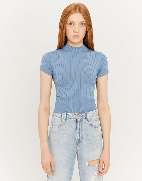 Blue Knit T-Shirt with Mock Neck