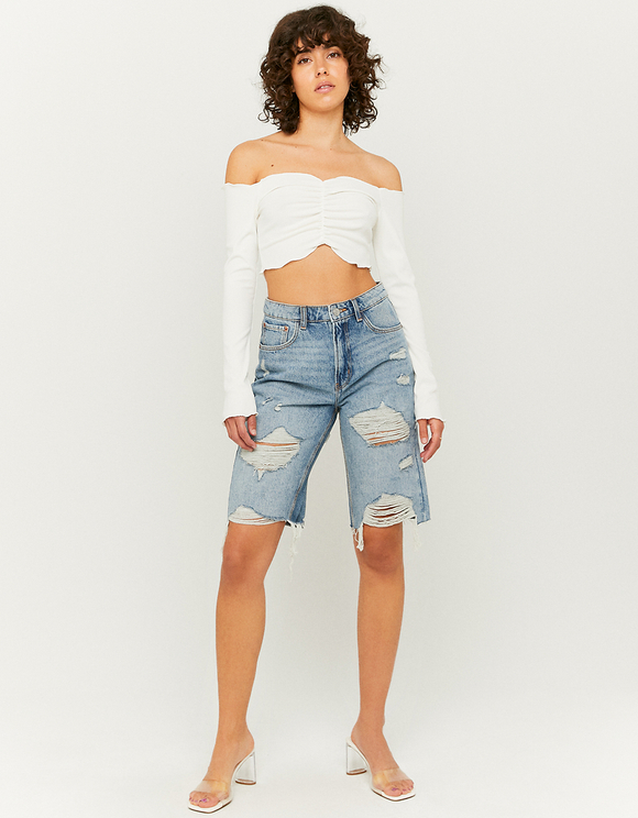 High Waist Ripped Denim Bermuda Shorts 