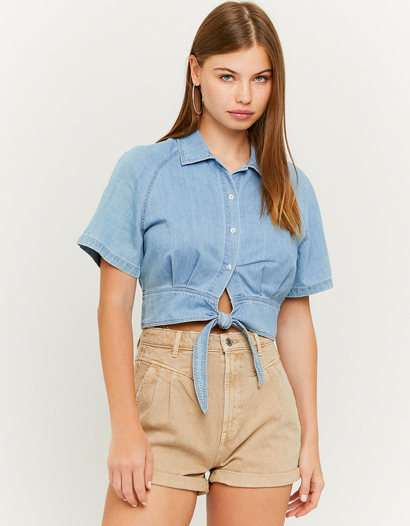 Short Sleeve Tie Front Denim Top 