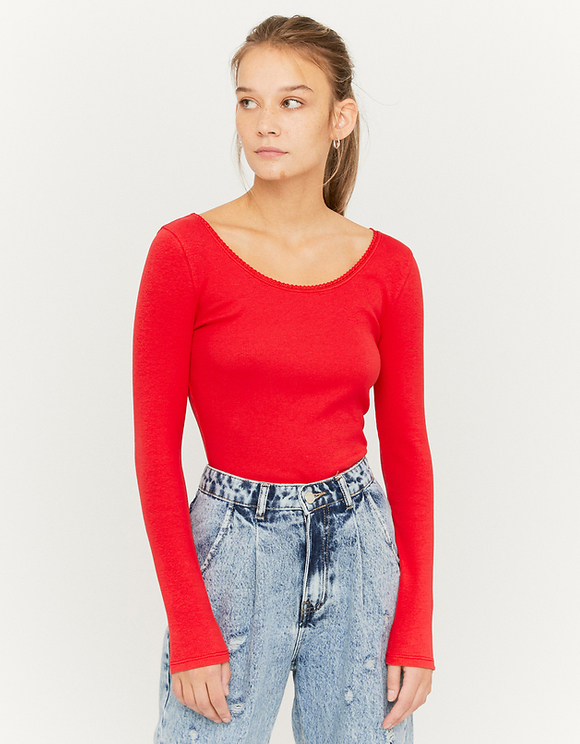 Red Top with Lace Trim Neckline