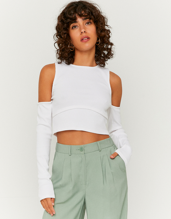 white cold shoulder crop top