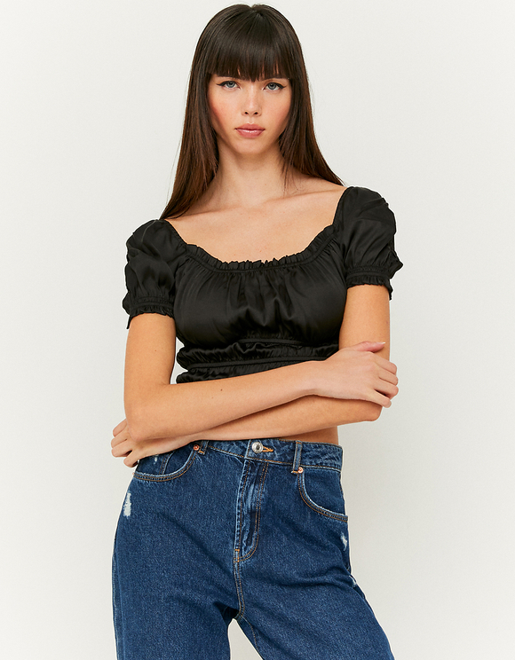 Black Cropped Satin Blouse | TALLY 