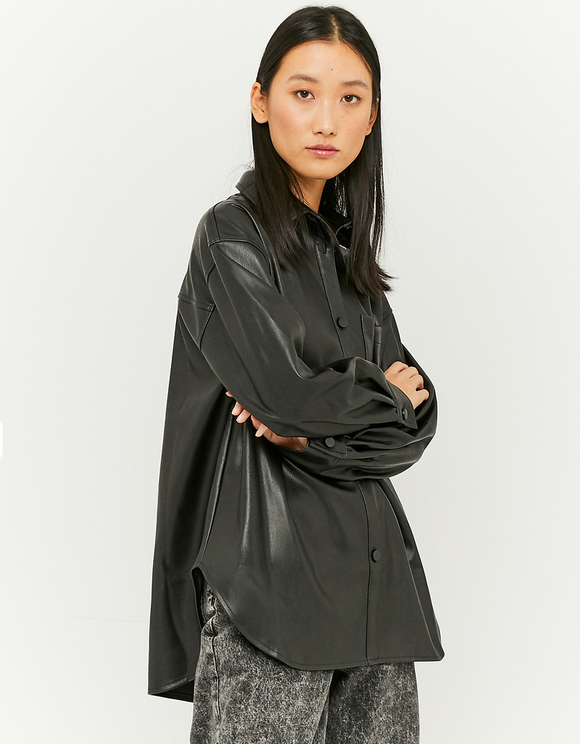 Oned Faux Leather Long Sleeves, Black Faux Leather Top