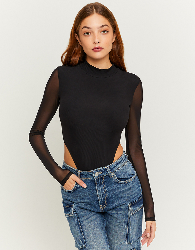 Black Mesh Long Sleeves Bodysuit | TALLY WEiJL