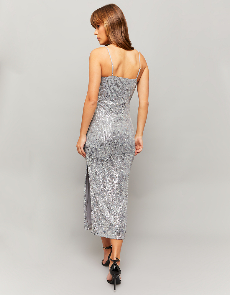 Silver Sequins Midi Dress with Slit | TALLY WEiJL